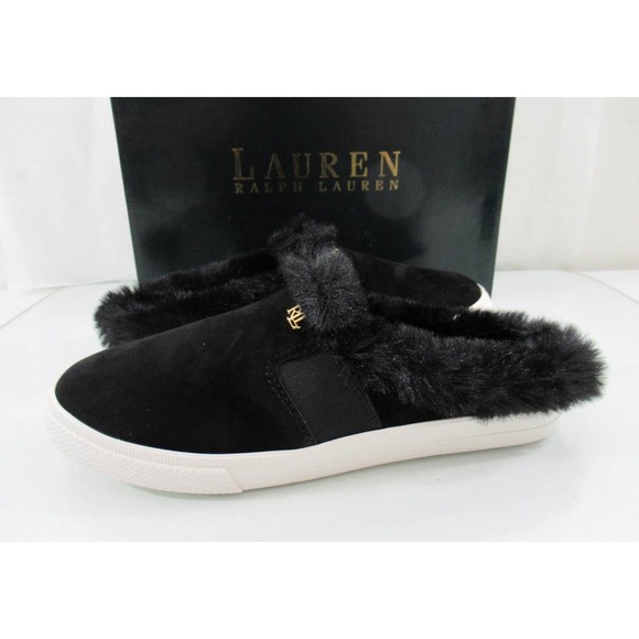 Ralph Lauren Jinny Mules Slip On Sneaker Cozy Faux Fur Trim Suede Black - Picture 4 of 8